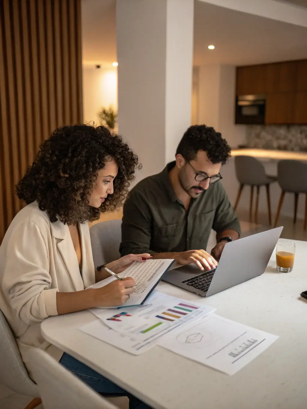 A couple discussing financial plans, symbolizing the dual benefits of variable life insurance, with a stock market chart in the background.