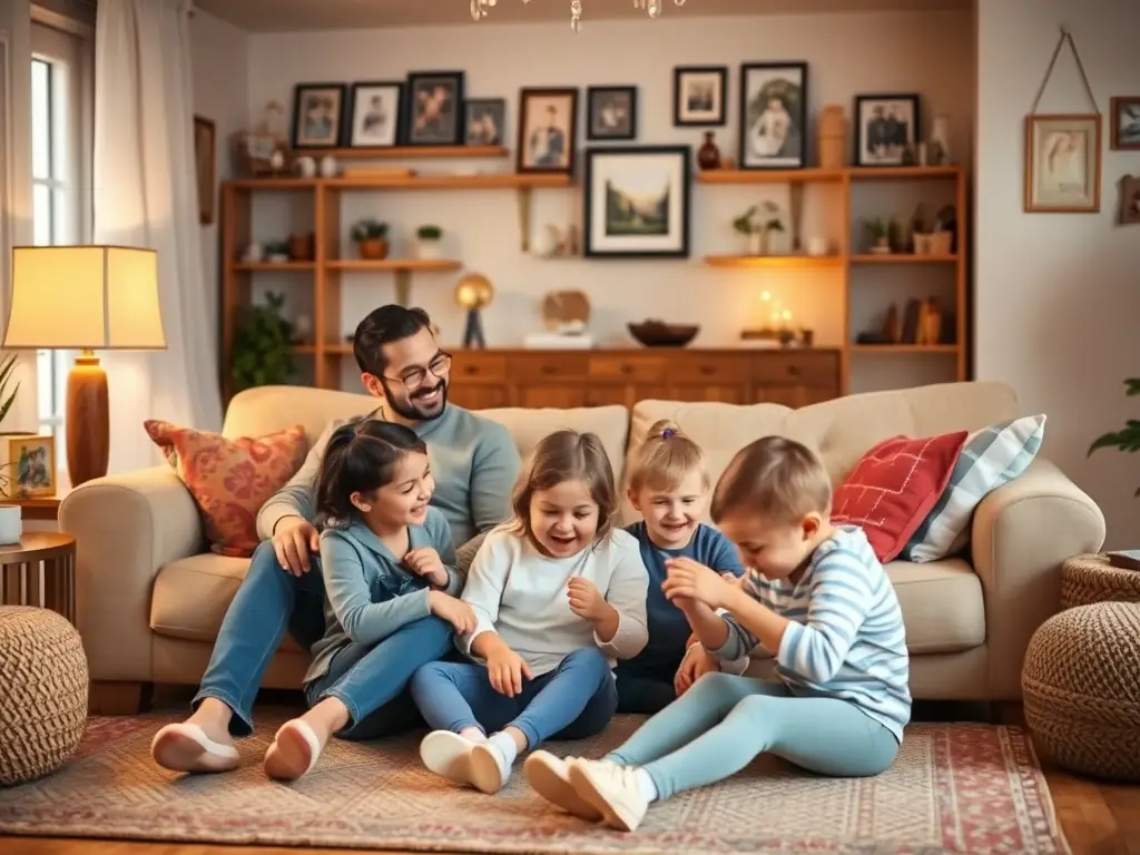 A family smiling and feeling secure, symbolizing the peace of mind that comes with having life insurance. The background is a warm and inviting home setting.
