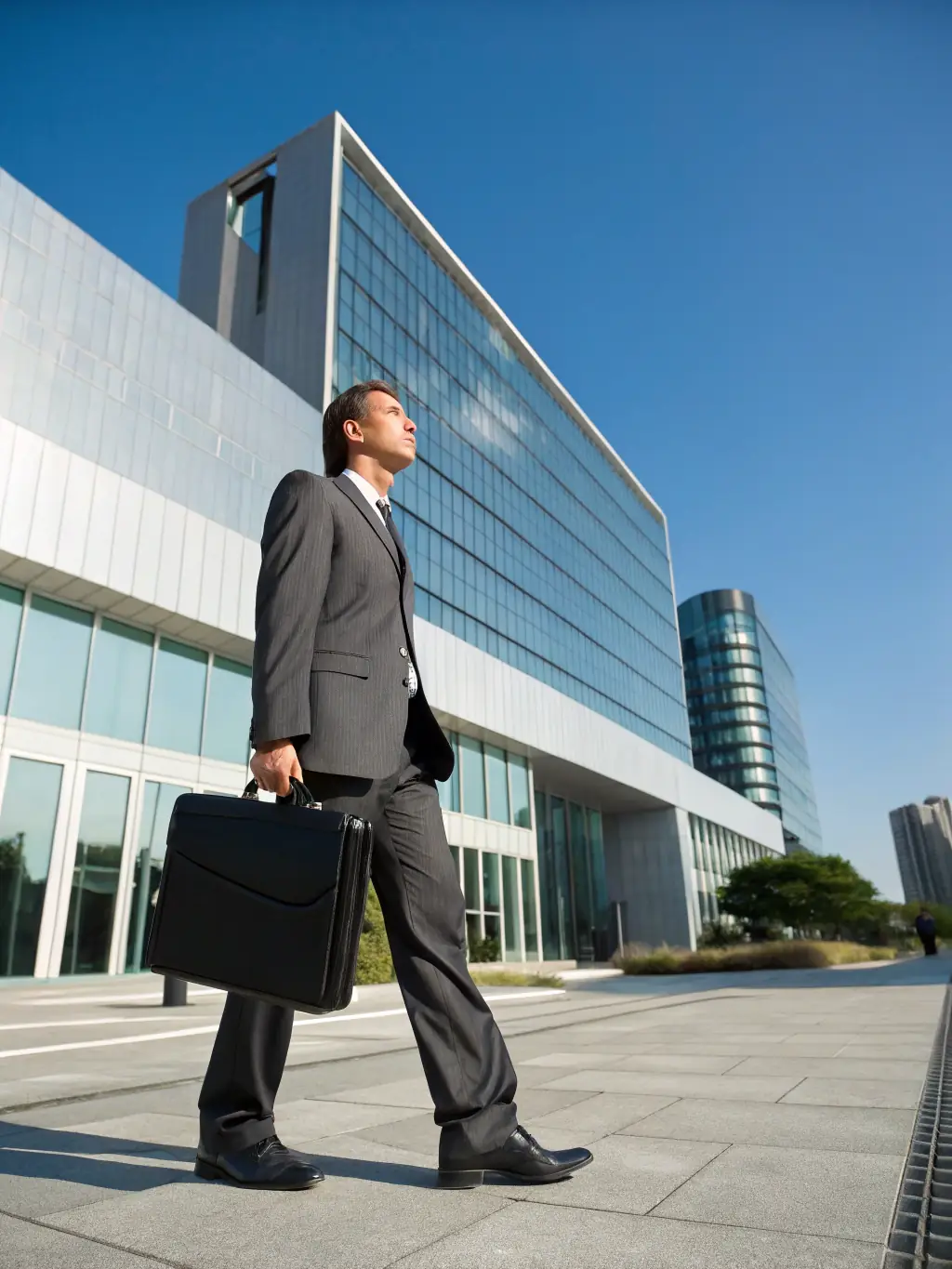 A person standing confidently, representing the security of term life insurance, with a modern building in the background, symbolizing long-term financial planning.