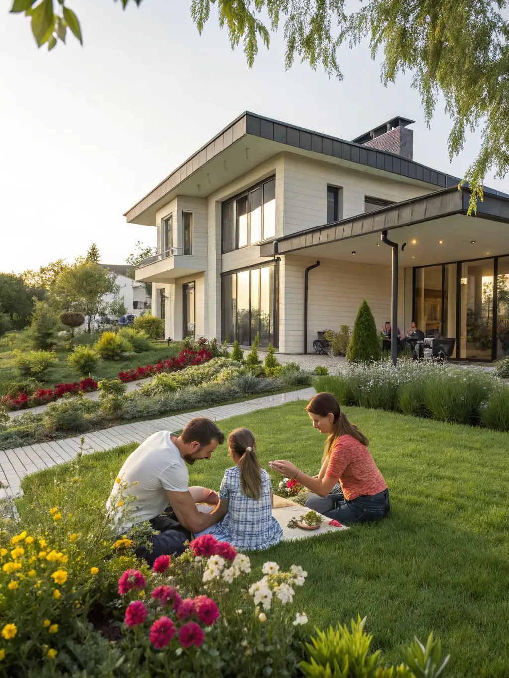 A family smiling and holding hands in front of their home, representing the comprehensive protection of whole life insurance, with a focus on legacy and financial security.