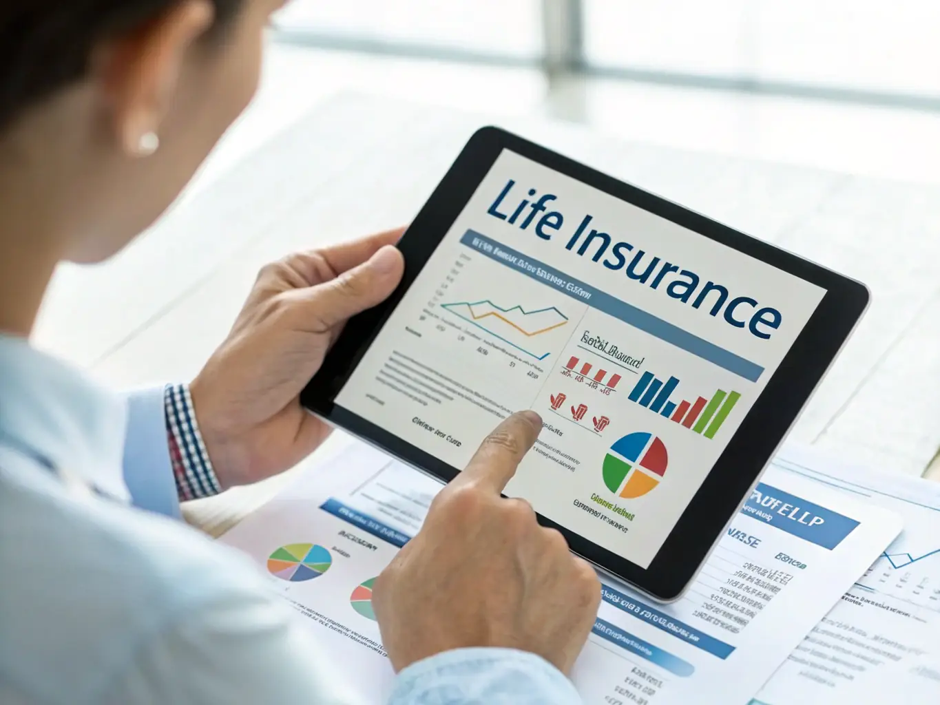 A person reviewing different life insurance policy options on a tablet, focusing on the coverage details and benefits.
