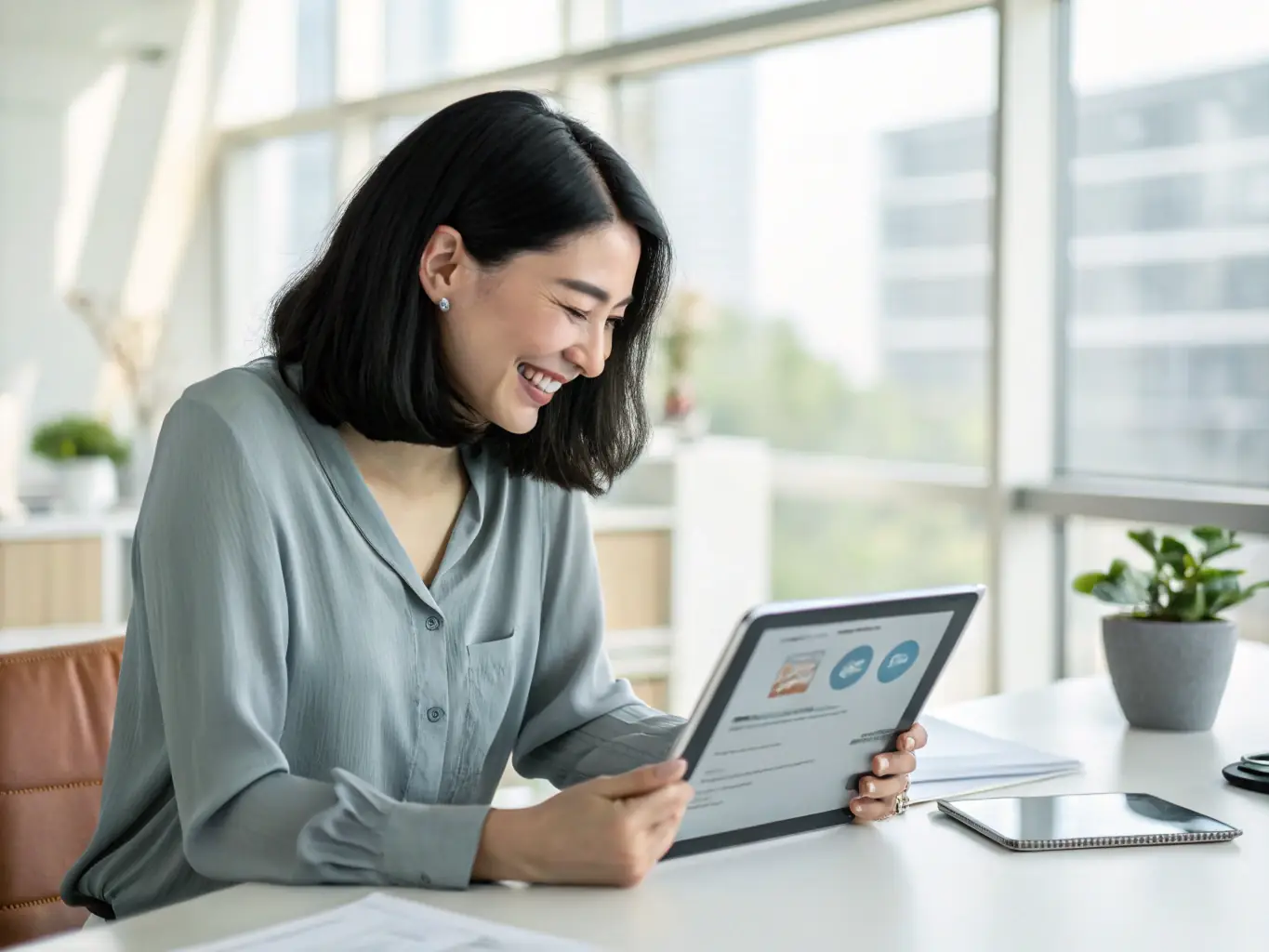 A person smiling while reviewing life insurance options on a tablet, showcasing the ease of comparing policies with Lyf Insurance's digital platform.
