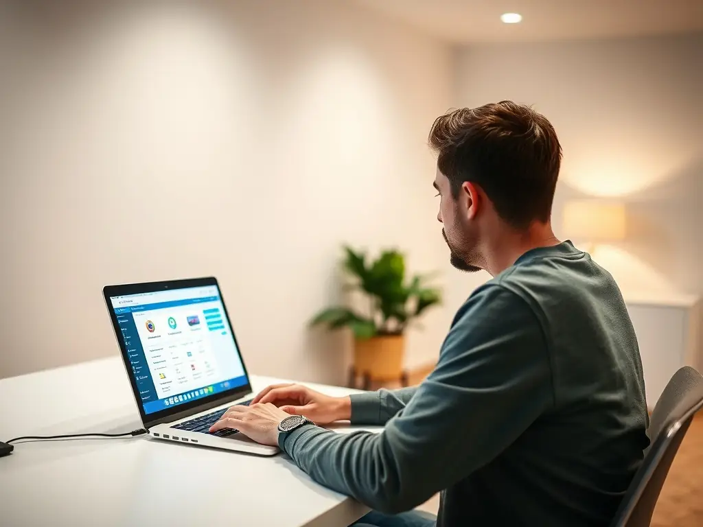 A person using a laptop to compare life insurance quotes online. The scene is bright and modern, emphasizing the ease of use of Lyf Insurance's platform.