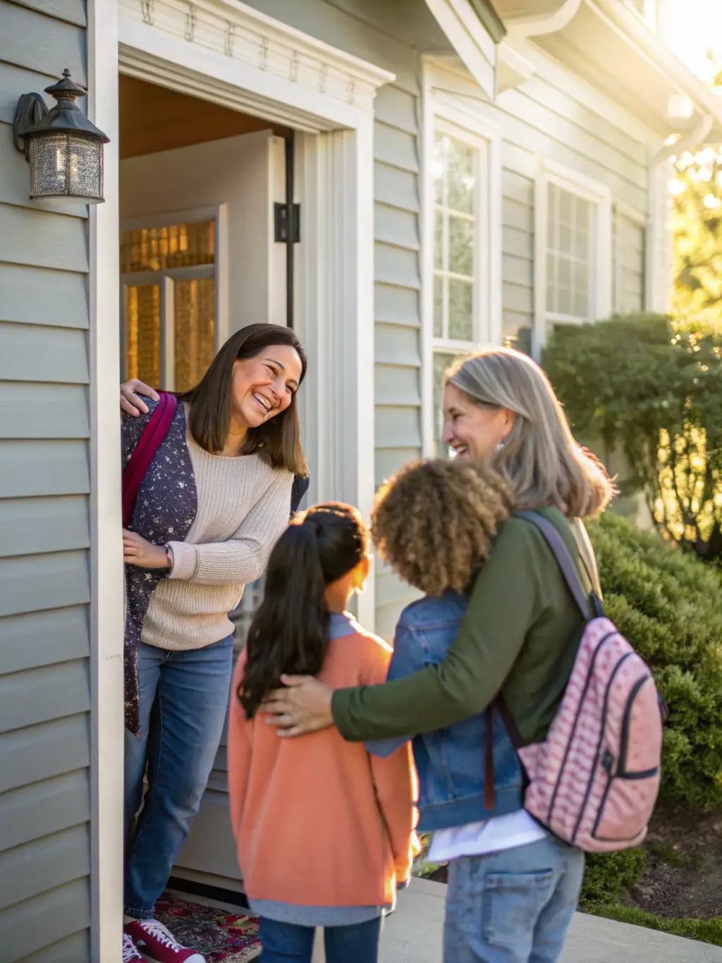 A family smiling and embracing in front of their new home, symbolizing the security life insurance provides.